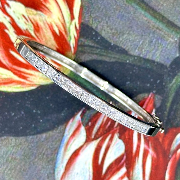 14K White Gold Princess Cut Diamond Bangle Bracelet - Picture 14 of 15